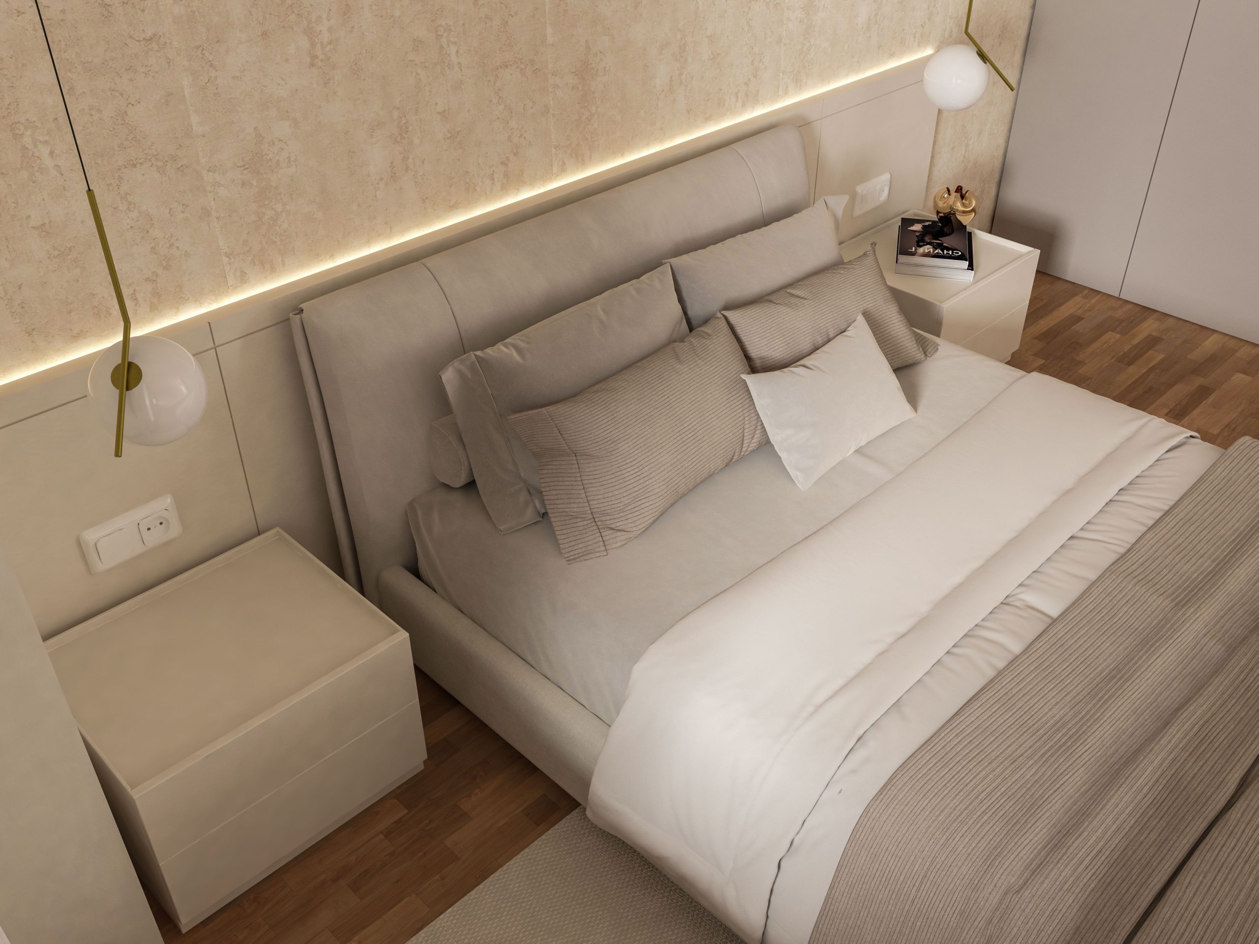 Chambre minimaliste moderne avec eclairage pendant elegant