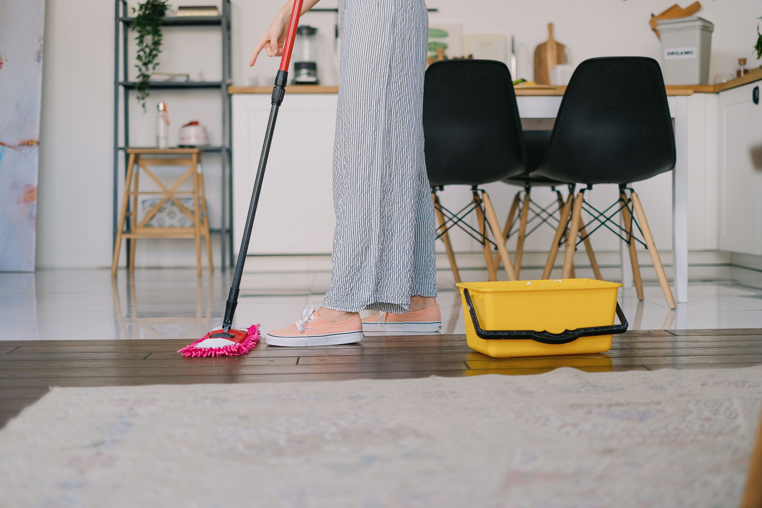 Femme nettoyant parquet serpillère seau tapis maison