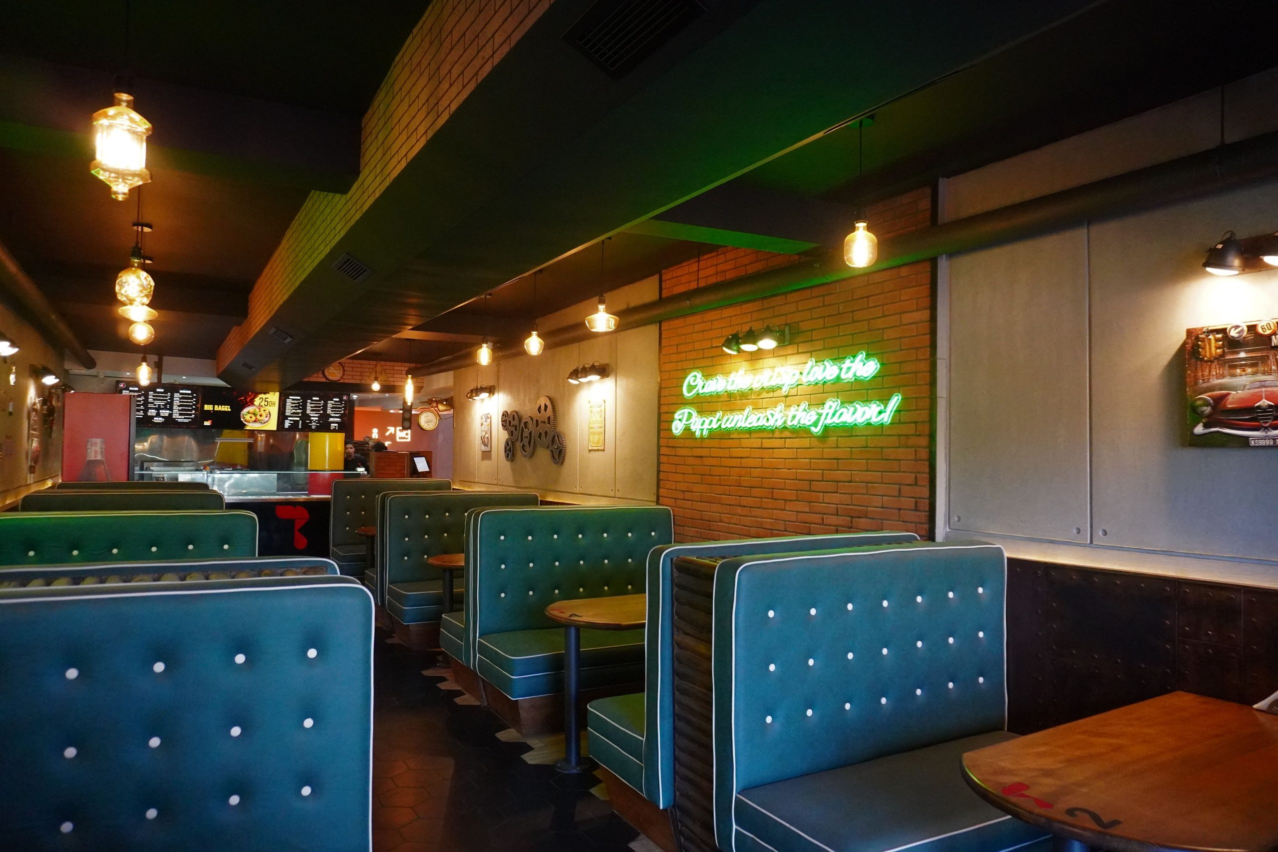 Diner retro banquette teal neon bleu turquoise