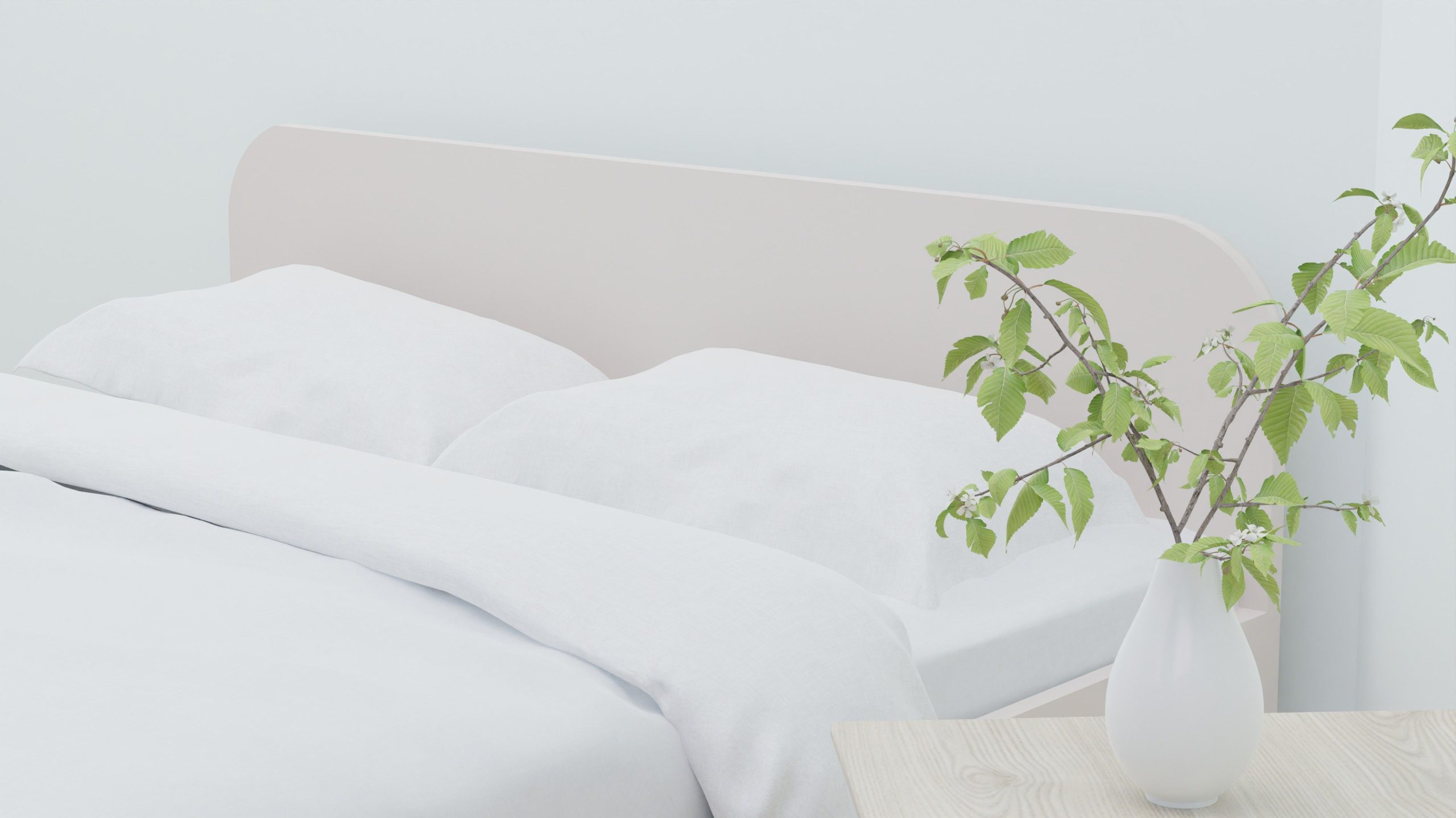 Chambre moderne lumineuse avec literie blanche et décoration épurée.